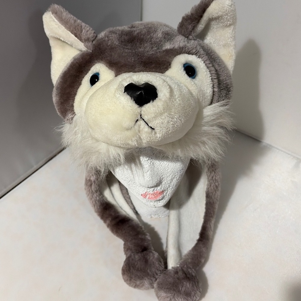 Grey Wolf Plush Faux Fur Animal Hat Trapper Style Blue Eyes Husky Costume Hat